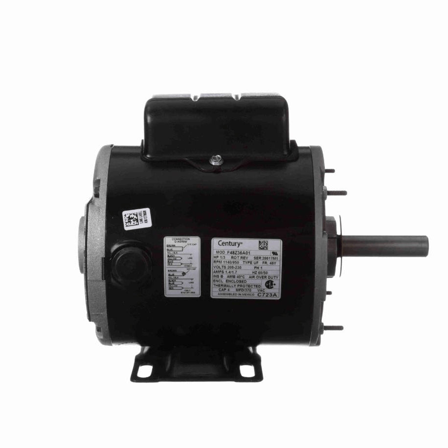 Century Transformer Cooling Fan Motor, 1/3 HP, 1 Ph, 60 Hz, 208-230 V, 1140/950 RPM, 2 Speed, 48 Frame, TEAO - C723A