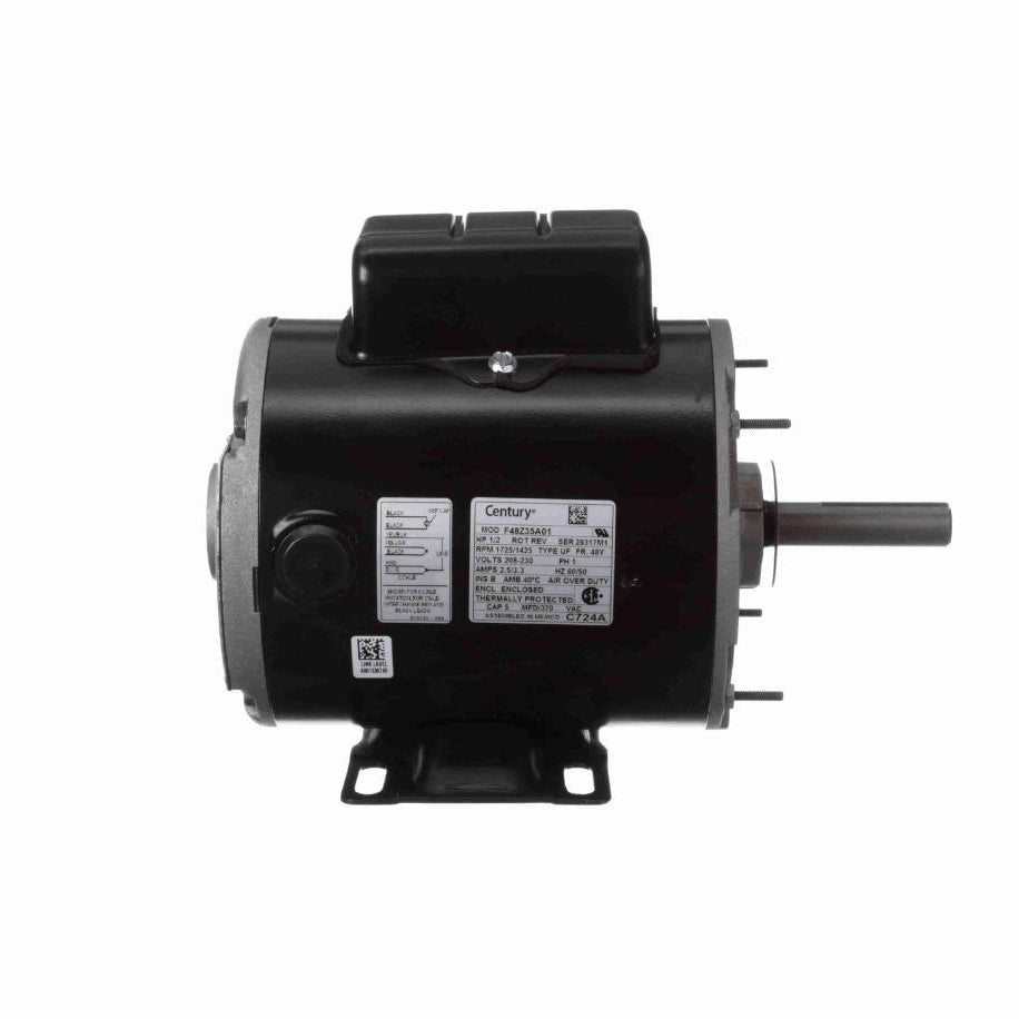 Century Transformer Cooling Fan Motor, 1/2 HP, 1 Ph, 60 Hz, 208-230 V, 1725/1425 RPM, 1 Speed, 48 Frame, ENCLOSED - C724A