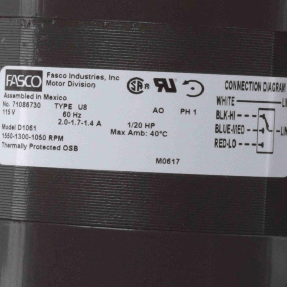 Fasco OEM Replacement Motor, 1/20 HP, 1 Ph, 60 Hz, 115 V, 1550-1300-1050 RPM, 3 Speed, 4.4" Diameter, OAO - D1061