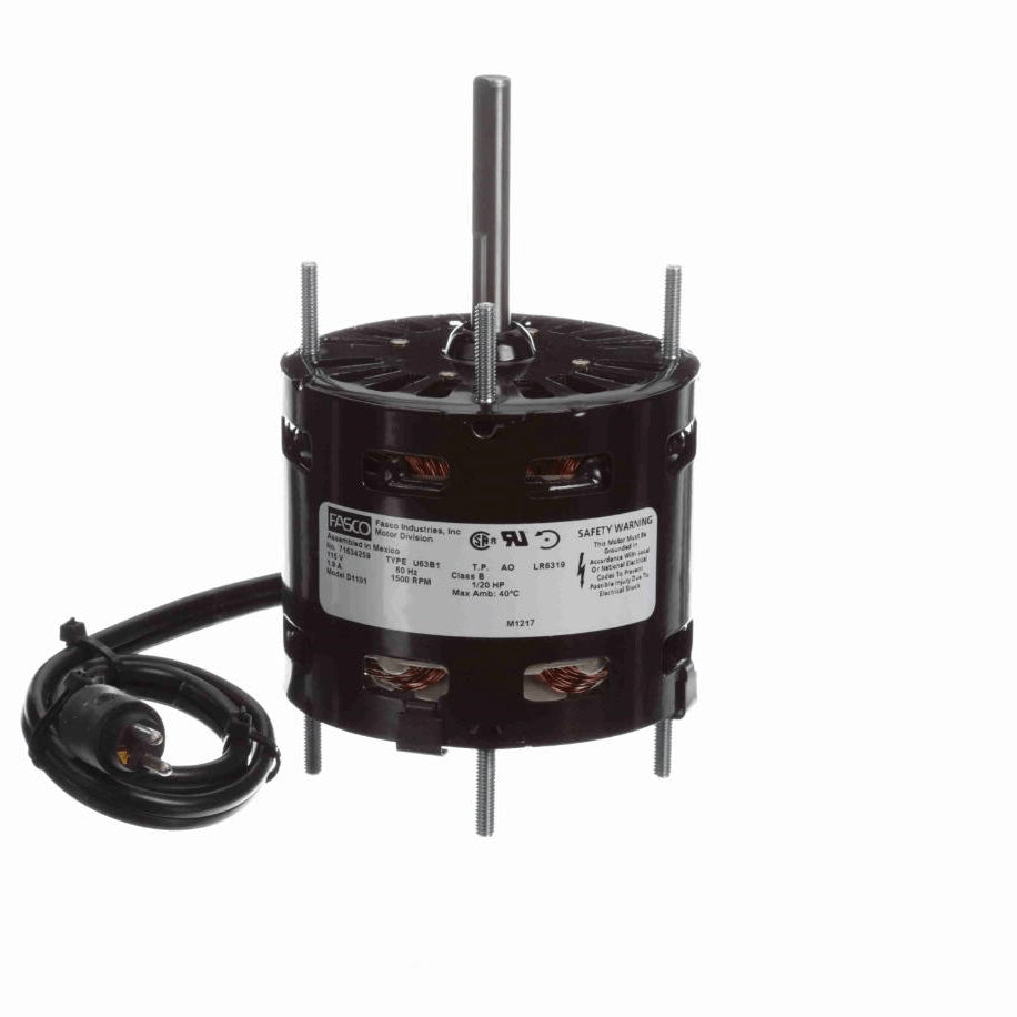 Fasco OEM Replacement Motor, 1/20 HP, 1 Ph, 60 Hz, 115 V, 1500 RPM, 1 Speed, 3.3" Diameter, OAO - D1101