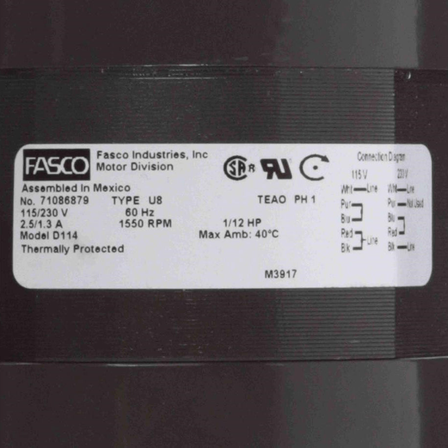 Fasco Fan Coil & Air Conditioner Motor, 1/12 HP, 1 Ph, 60 Hz, 115/230 V, 1550 RPM, 1 Speed, 4.4" Diameter, TEAO - D114