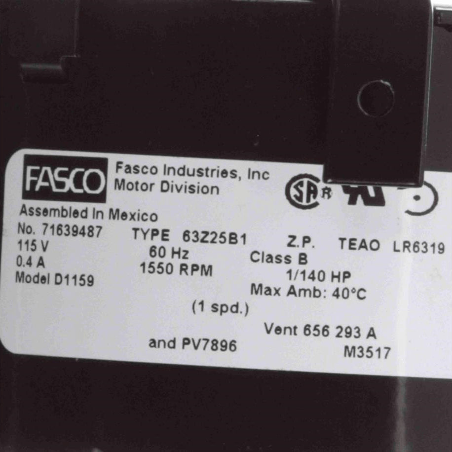 Fasco OEM Replacement Motor, 1/140 HP, 1 Ph, 60 Hz, 115 V, 1550 RPM, 1 Speed, 3.3" Diameter, TEAO - D1159