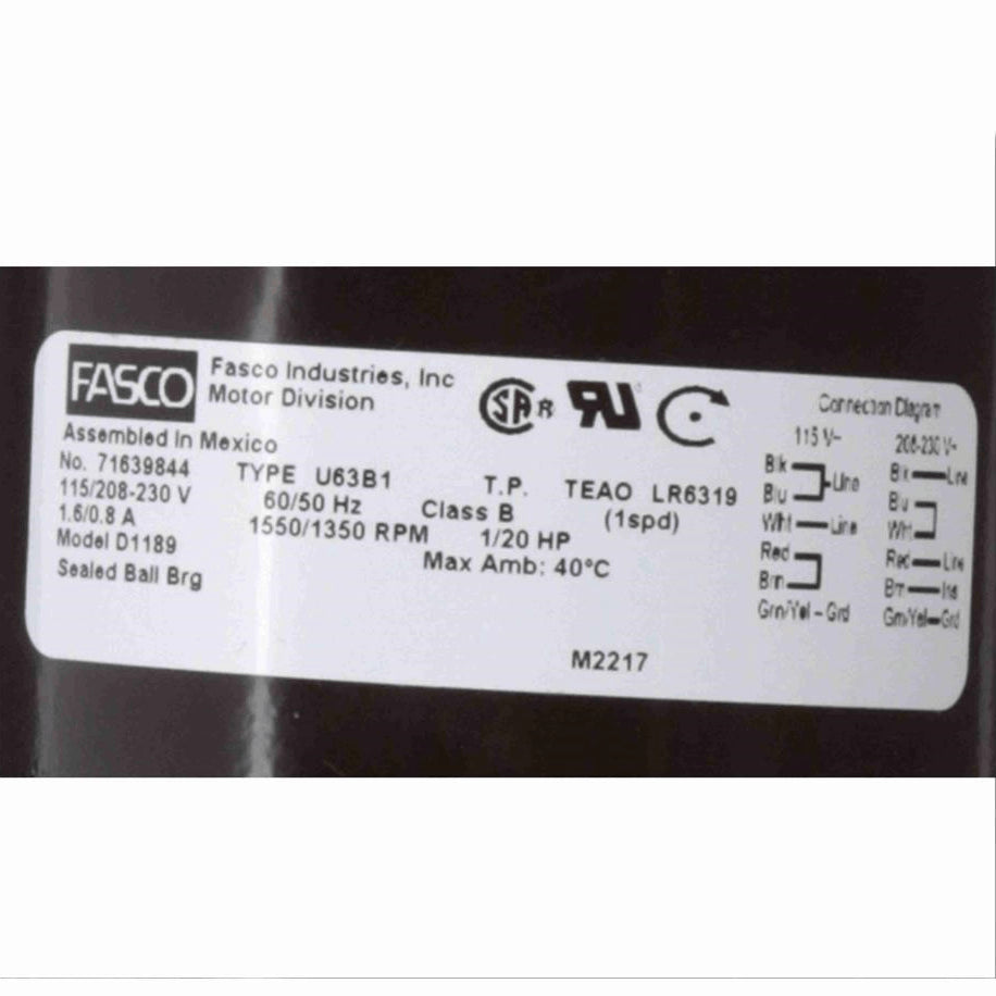 Fasco OEM Replacement Motor, 1/20 HP, 1 Ph, 60 Hz, 115/208-230 V, 1550/1350 RPM, 1 Speed, 3.3" Diameter, TEAO - D1189