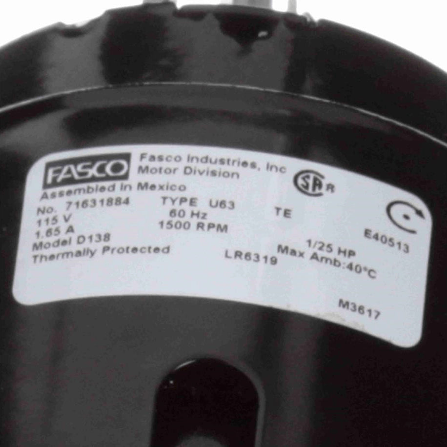 Fasco Fan and Blower Motor, 1/25 HP, 1 Ph, 60 Hz, 115 V, 1500 RPM, 1 Speed, 3.3" Diameter, TEFC - D138