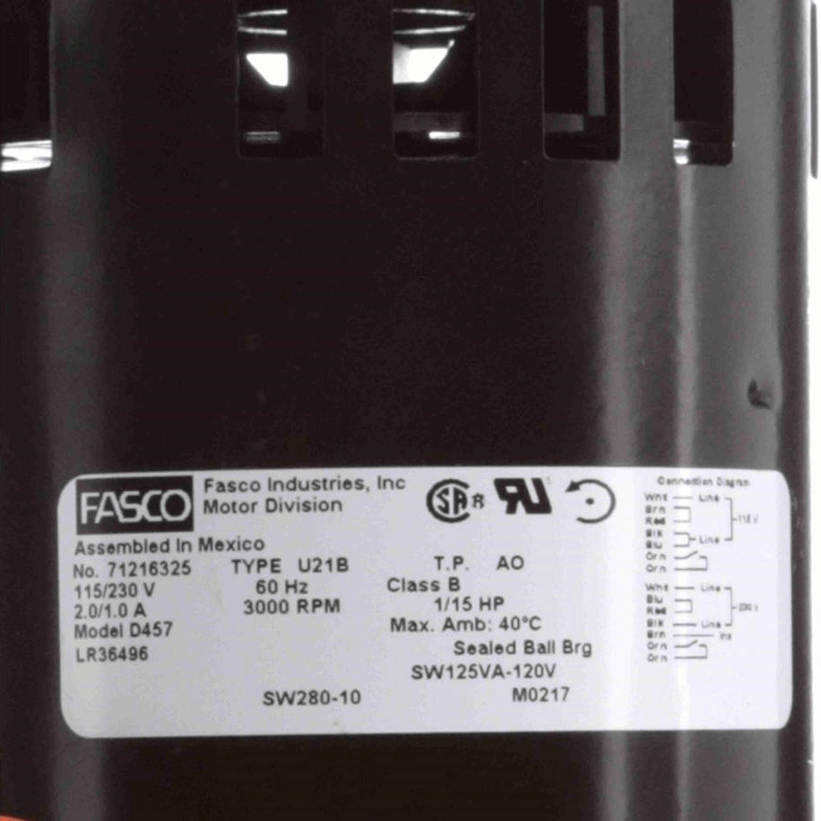 Fasco OEM Replacement Motor, 1/15 HP, 1 Ph, 60 Hz, 115/230 V, 3000 RPM, 1 Speed, 3.3" Diameter, OAO - D457