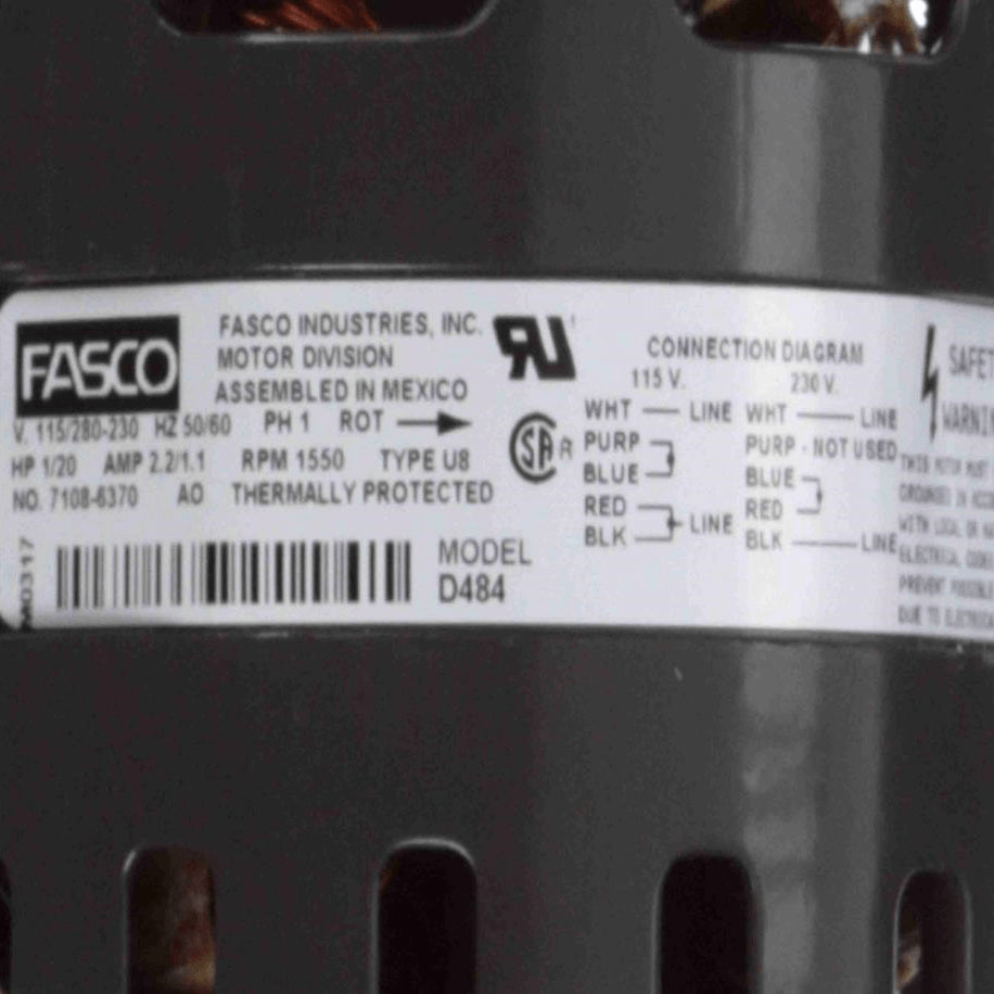 Fasco Refrigeration Motor, 1/20 HP, 1 Ph, 60 Hz, 115/208-230 V, 1550 RPM, 1 Speed, 4.4" Diameter, OAO - D484