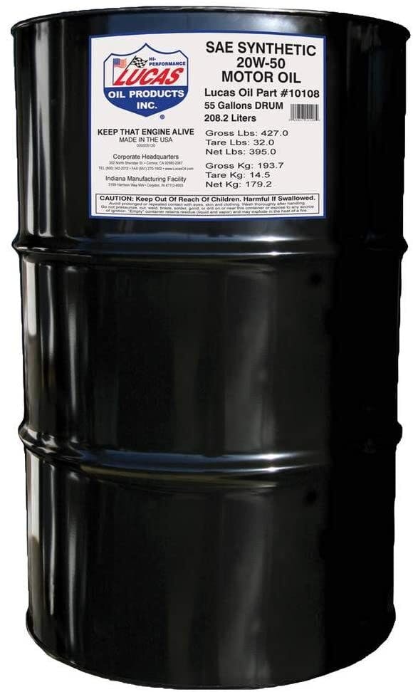 Lucas Oil 10108 Synthetic SAE 20W-50 API SP Motor Oil/55 Gallon Drum