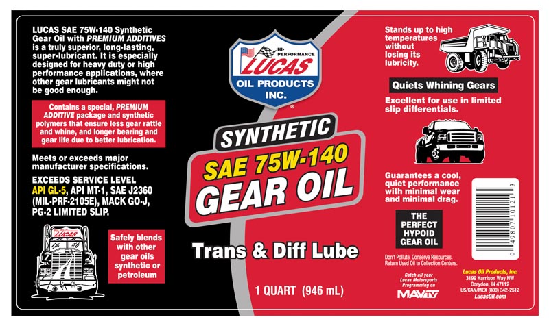 Lucas Oil 10122 Synthetic SAE 75W-140 Trans & Diff Lube/Gallon