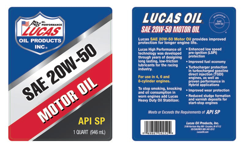 Lucas Oil 10252 SAE 20W-50 Plus API SP Motor Oil/Quart