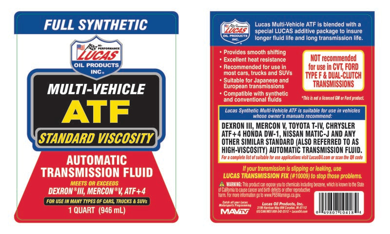 Lucas Oil 10418 Multi-Vehicle ATF/Quart