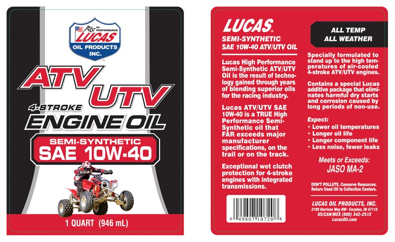 Lucas Oil 10720 Semi-Synthetic SAE 10W-40 ATV Oil/Quart