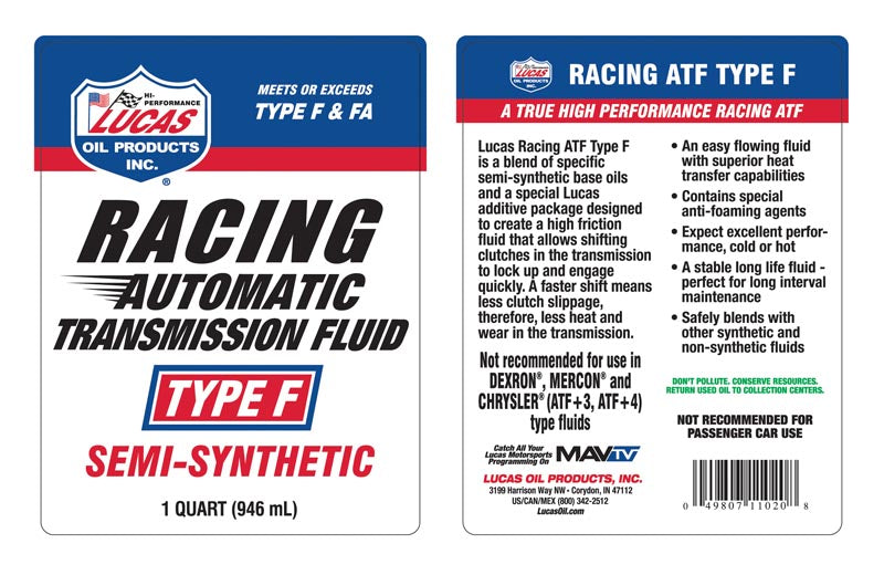 Lucas Oil 11020 Semi-Synthetic Racing ATF Type F/Quart