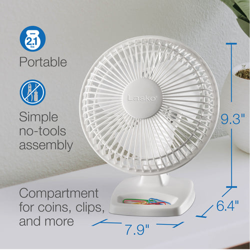 Lasko 2002W 6" 2-Speed Personal Table Fan with Storage Tray, White