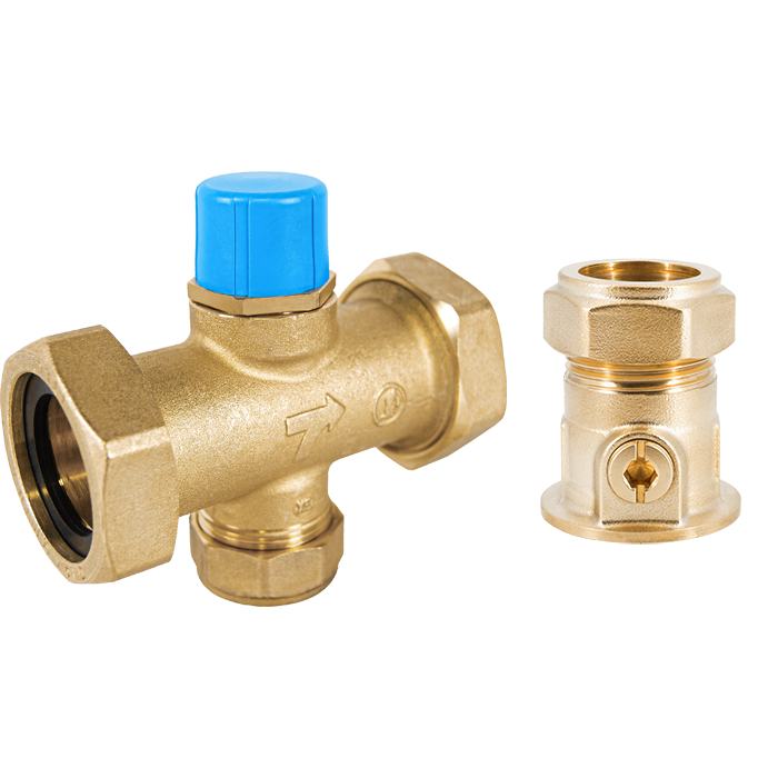 Legend Valves 800-765VC 1" LegendConnect Forged Brass Three-Way Mixing Valve Body with Isolation Valve Compression Connectors