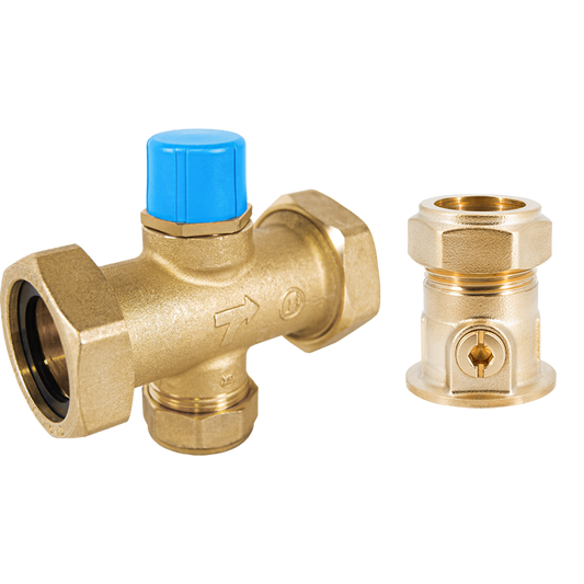 Legend Valves 800-765VC 1" LegendConnect Forged Brass Three-Way Mixing Valve Body with Isolation Valve Compression Connectors