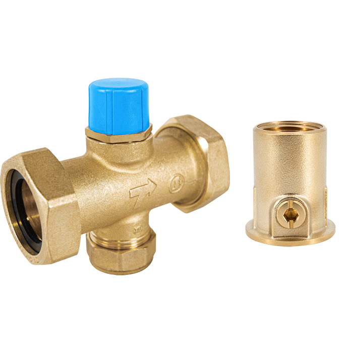 Legend Valves 800-766VF 1-1/4" LegendConnect Forged Brass Three-Way Mixing Valve Body with Isolation Valve FNPT Connectors