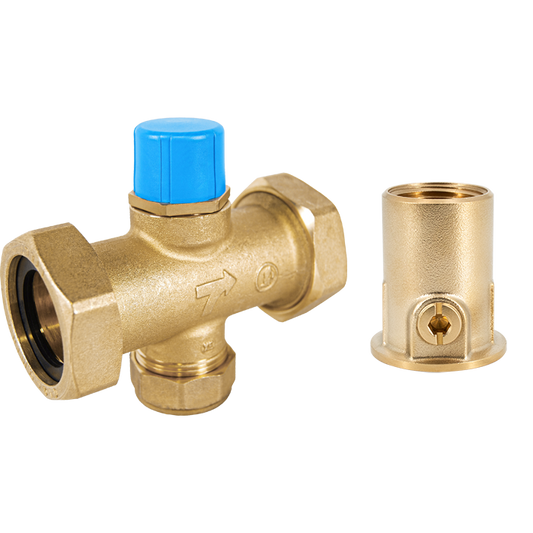 Legend Valves 800-766VF 1-1/4" LegendConnect Forged Brass Three-Way Mixing Valve Body with Isolation Valve FNPT Connectors