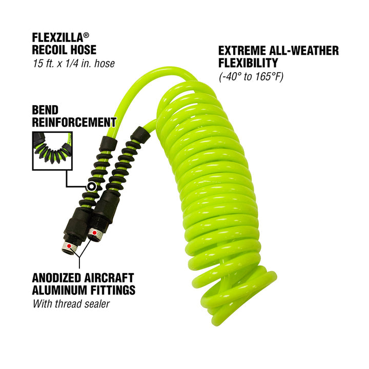 FlexZilla LP1415AFZ Polyurethane Recoil Hose, 1/4" x 15', 1/4" MNPT Fittings