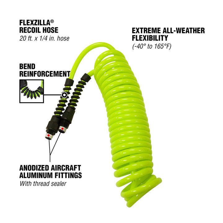FlexZilla LP1420AFZ Polyurethane Recoil Hose, 1/4" x 20', 1/4" MNPT Fittings