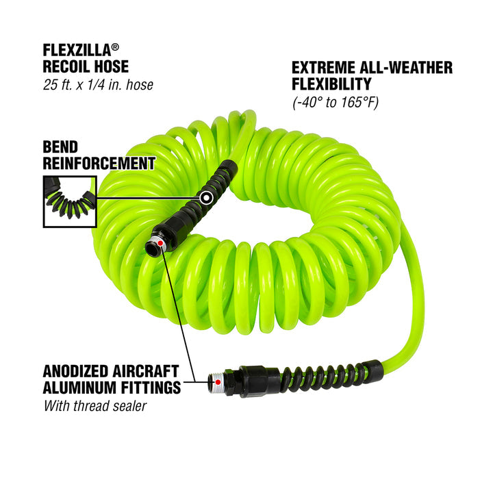 FlexZilla LP1425AFZ Polyurethane Recoil Hose, 1/4" x 25', 1/4" MNPT Fittings