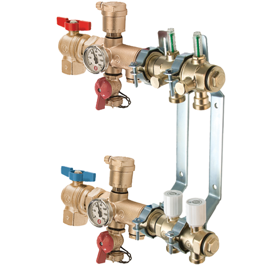 Legend Valves 8000AP-10-2 1" Modular Brass Manifold Angle Pro Kit; Includes all required pieces for a 2-Port Modular Manifold with Precision Adapters, and Red & Blue Angle Isolation Valves