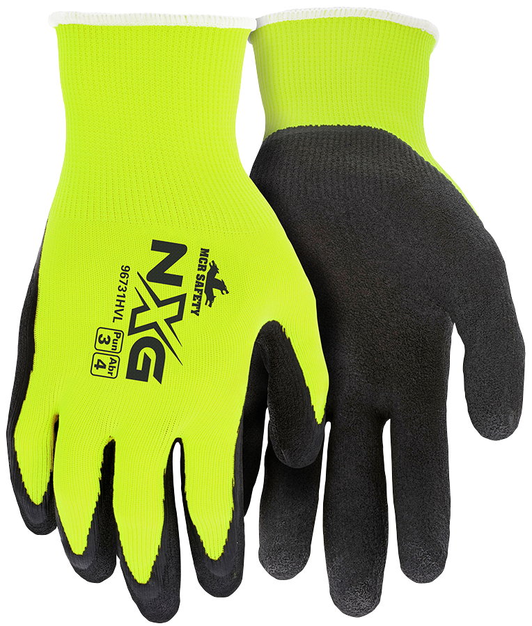 MCR Safety 96731HVM MCR Safety NXG® Hi-Vis Work Gloves 13 Gauge Hi-Visibility Lime Nylon Polyester Shell Black Latex Foam Coated Palm and Fingertips (1 DZ)