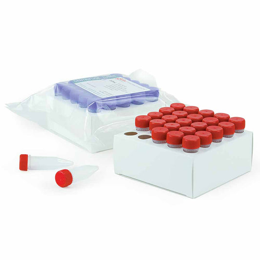 Globe Scientific 111580RS Diamond Midi Centrifuge Tube 5.0mL PP Assembled Red Screw Cap Graduated STERILE 25/Cardboard Rack 20 Racks/Unit