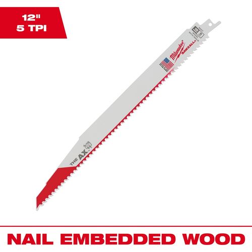 Milwaukee Tool 48-01-2027 12" 5 TPI AX SAWZALL Blade for Wood with Nails, 25 EA/PK