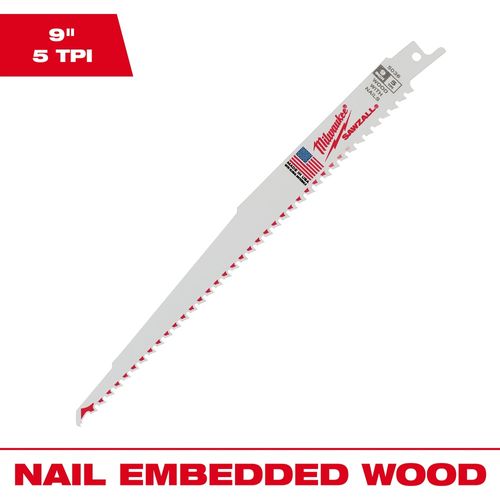Milwaukee Tool 48-01-2036 9" 5 TPI SAWZALL Blade for Wood with Nails, 25 EA/PK