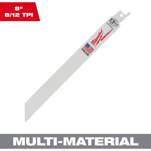 Milwaukee Tool 48-01-2093 8" 8/12 TPI SAWZALL Blade for Multi-Material, 25 EA/PK