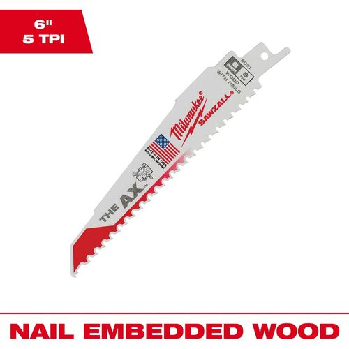 Milwaukee Tool 48-01-7021 6" 5 TPI AX SAWZALL Blade for Wood with Nails, 100 EA/BOX