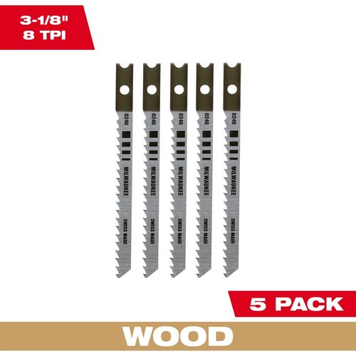 Milwaukee Tool 48-42-0240 3-1/8" 8TPI U-Shank Wood High Carbon Steel Jig Saw Blades, 5 EA/PKG