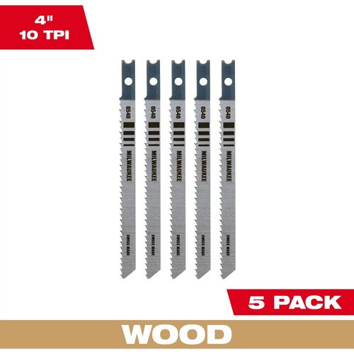 Milwaukee Tool 48-42-0540 4" 10TPI T-Shank Wood High Carbon Steel Jig Saw Blades, 5 EA/PKG