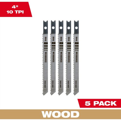 Milwaukee Tool 48-42-0640 4" 10TPI U-Shank Wood High Carbon Steel Jig Saw Blades, 5 EA/PKG