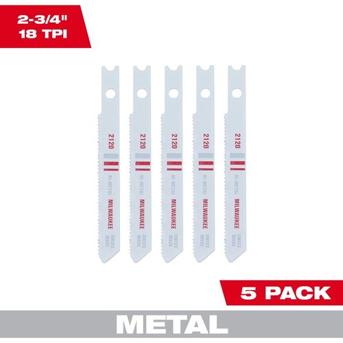 Milwaukee Tool 48-42-2120 2-3/4" 18TPI U-Shank Metal Cutting Bi-Metal Jig Saw Blades, 5 EA/PKG