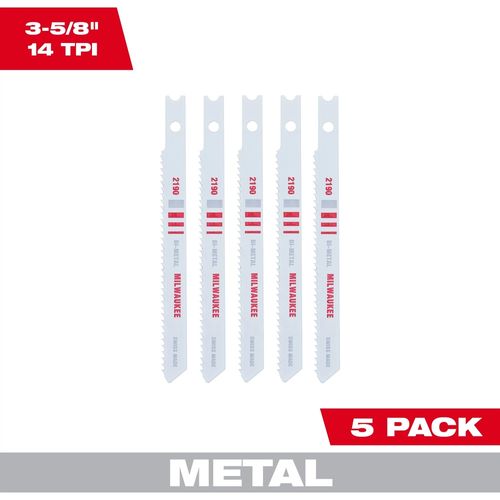 Milwaukee Tool 48-42-2190 3-5/8" 14TPI U-Shank Metal Cutting Bi-Metal Jig Saw Blades, 5 EA/PKG