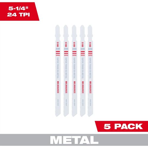 Milwaukee Tool 48-42-5166 5-1/4" 24TPI T-Shank Metal Cutting Bi-Metal Jig Saw Blades, 5 EA/PK
