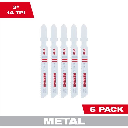 Milwaukee Tool 48-42-5190 3" 14TPI T-Shank Metal Cutting Bi-Metal Jig Saw Blades, 5 EA/PKG