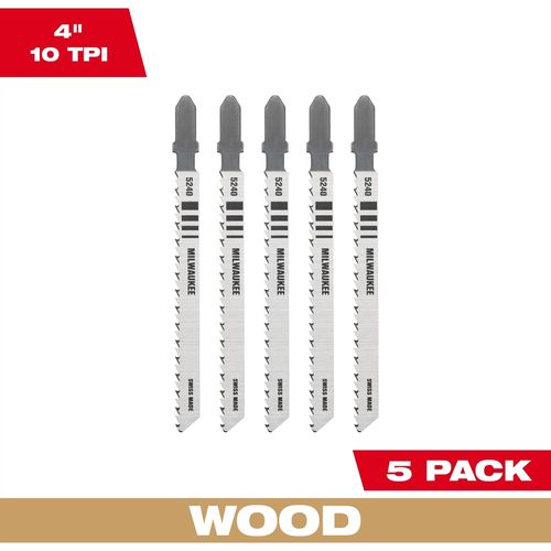 Milwaukee Tool 48-42-5240 4" 10TPI T-Shank Wood High Carbon Steel Jig Saw Blades, 5 EA/PK