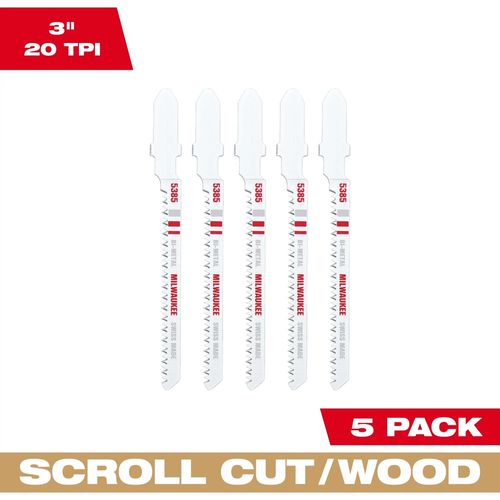 Milwaukee Tool 48-42-5385 3" 20TPI T-Shank Wood Bi-Metal Jig Saw Blade, 5 EA/PKG