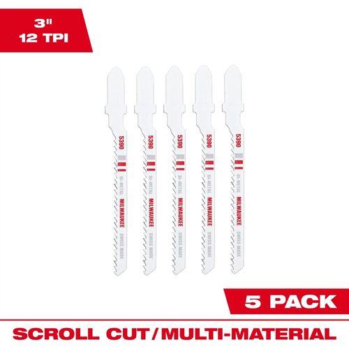 Milwaukee Tool 48-42-5390 3" 12TPI T-Shank Multi-Material Bi-Metal Jig Saw Blade, 5 EA/PKG