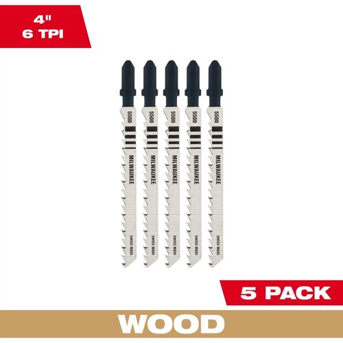 Milwaukee Tool 48-42-5500 4" 6TPI T-Shank Wood High Carbon Steel Jig Saw Blades, 5 EA/PKG