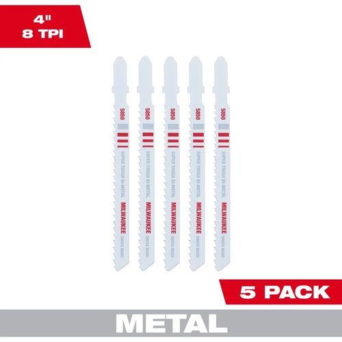 Milwaukee Tool 48-42-5850 4' 8TPI T-Shank Metal Cutting Bi-Metal Jig Saw Blades, 5 EA/PKG