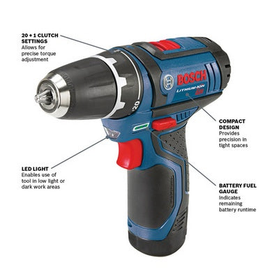 Bosch PS31-2A 12V Max 3/8" Drill Driver Kit W/ (2) 2.0Ah Batteries