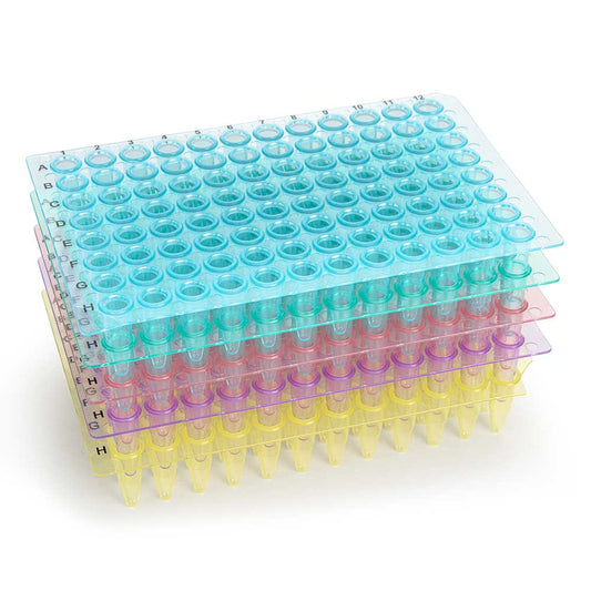 Globe Scientific PCR-NS-02-RW 0.2mL 96-Well PCR Plate No Skirt Flat Top Assorted Colors (Blue Red Green Yellow and Violet)
