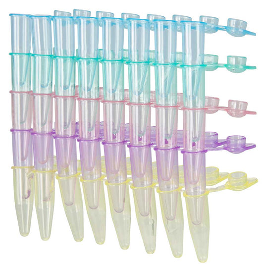 Globe Scientific PCR-QS-02D-RW QuickSnap 0.2mL 8-Strip Tubes with Individually-Attached Dome Caps Assorted Colors (Blue Red Green Yellow and Violet)