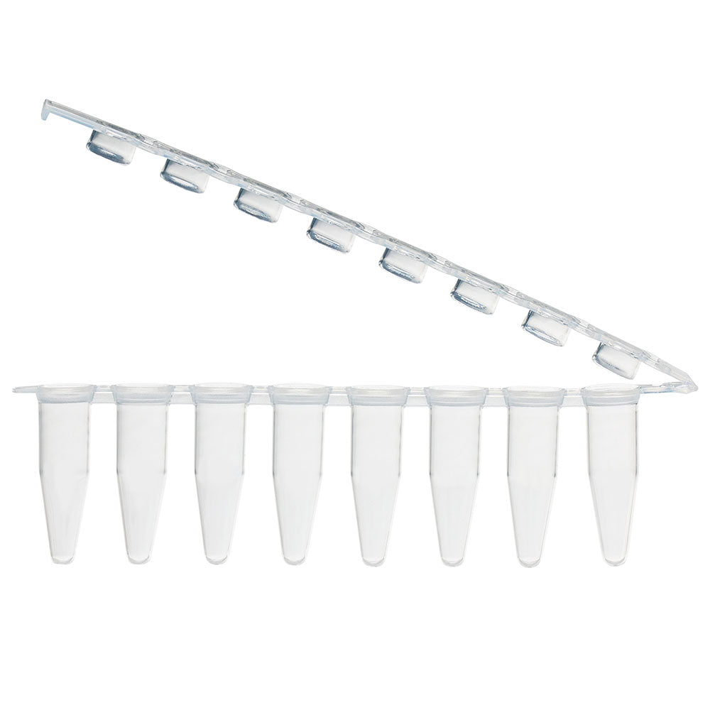 Globe Scientific PCR-STR-02F-ZIP 0.2mL 8-Strip Tubes with Hinged Attached 8-Strip Clear Flat Caps Natural