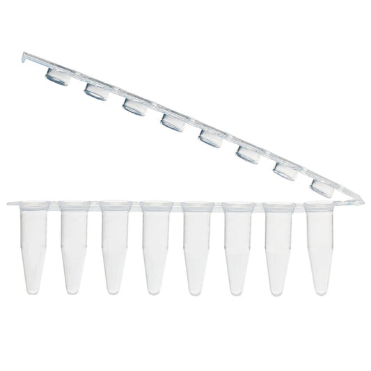 Globe Scientific PCR-STR-02F-ZIP 0.2mL 8-Strip Tubes with Hinged Attached 8-Strip Clear Flat Caps Natural