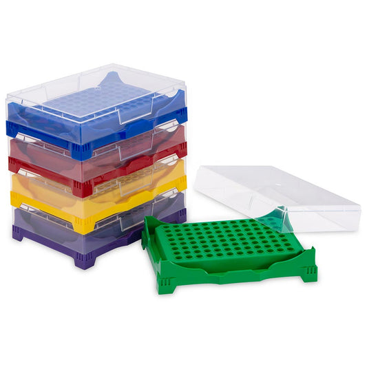 Globe Scientific PCR-WORKSTACK Stackable PCR Work Racks 96 well for PCR Plates and Strips Five Fluorescent Colors (Green Yellow Violet Red Blue)