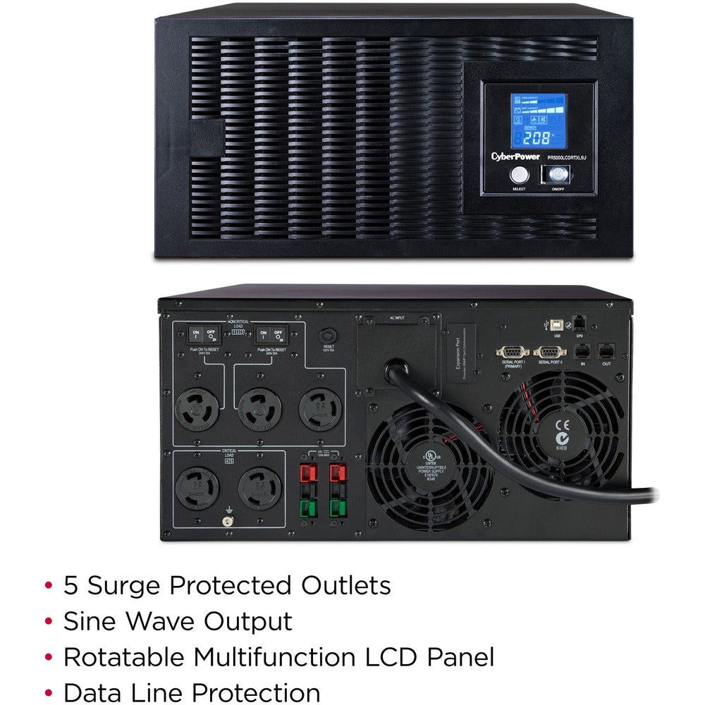 CyberPower Smart App Sinewave PR5000LCDRTXL5U 5000 VA Rack-mountable UPS - 5000VA/4kW - 11 Minute Full Load - 3 x NEMA L6-30R - Battery/Surge-protected, 2 x NEMA L6-20R - Critical Load